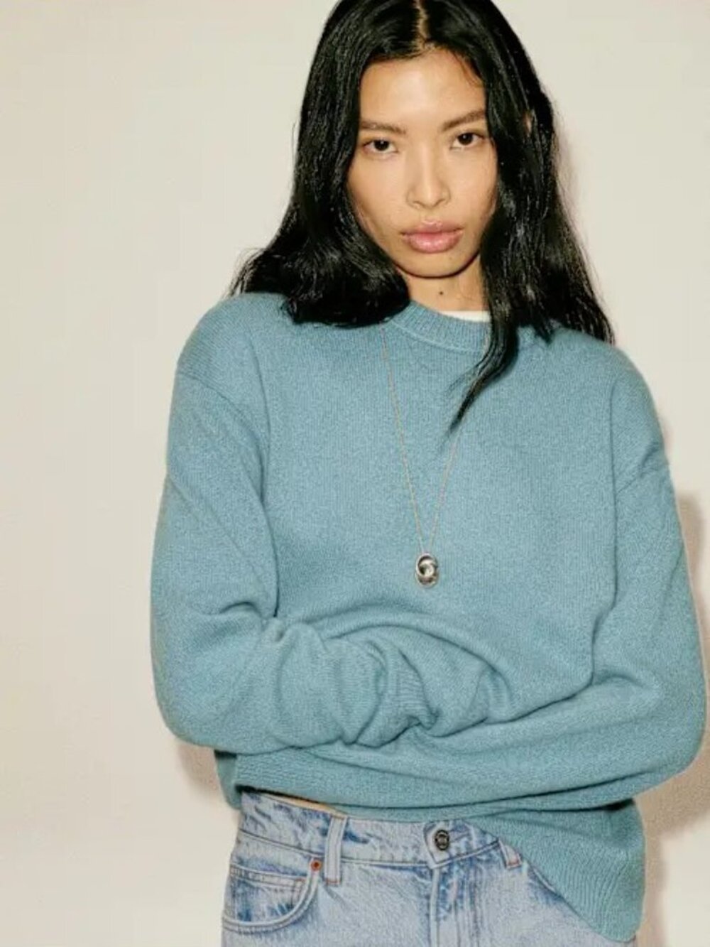 Reformation Fabian Crew Sweater 100% Wool Blue NWT